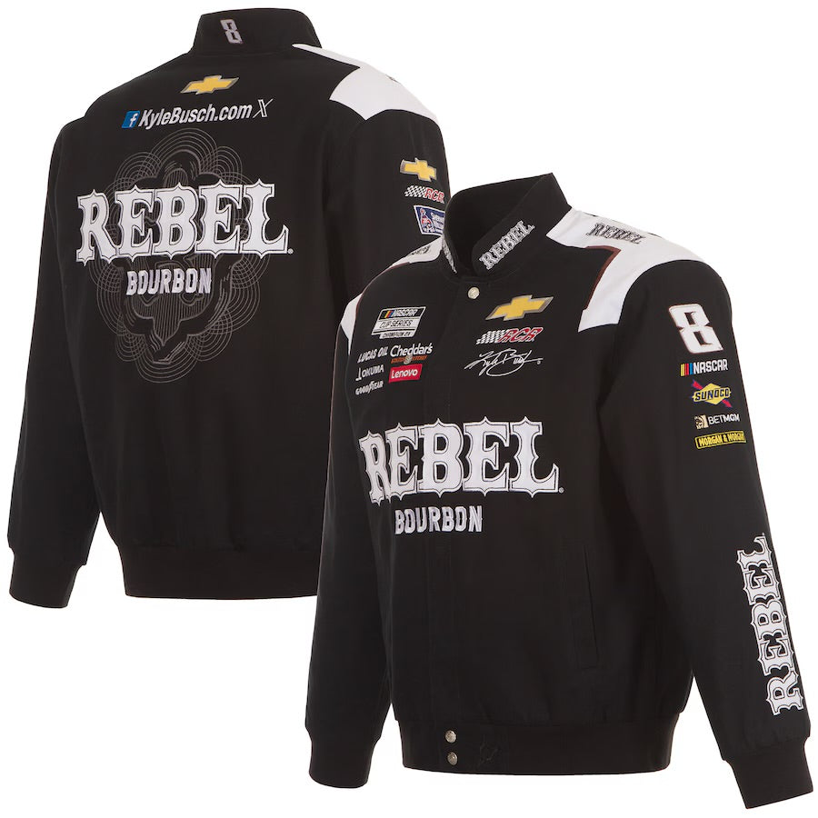 New With Tags NASCAR Kyle Busch Rebel Bourbon JH Design Black White Full Snap Jacket