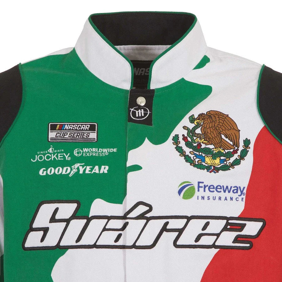 New With Tags NASCAR Daniel Suarez Mexico Flag JH Design Red Green White Full Snap Jacket