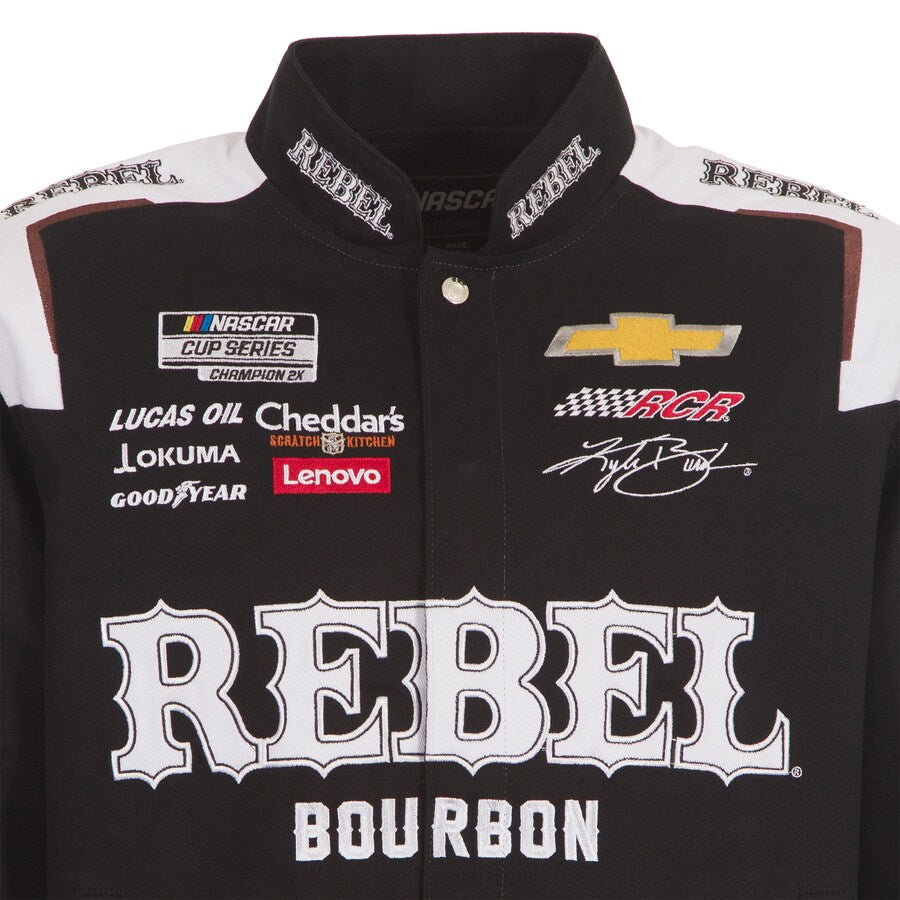 New With Tags NASCAR Kyle Busch Rebel Bourbon JH Design Black White Full Snap Jacket