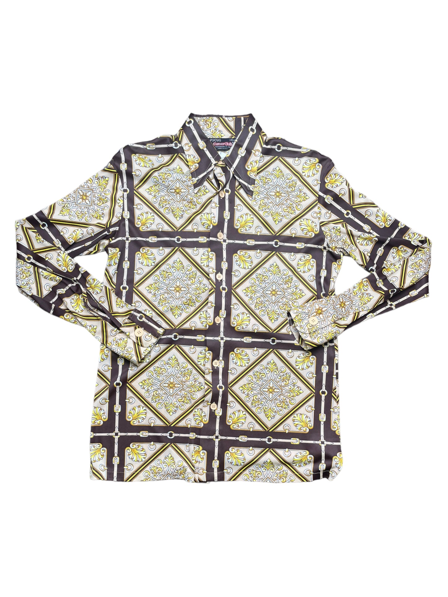 Vintage 70s Career Club Tan Disco Button Down Shirt Medium