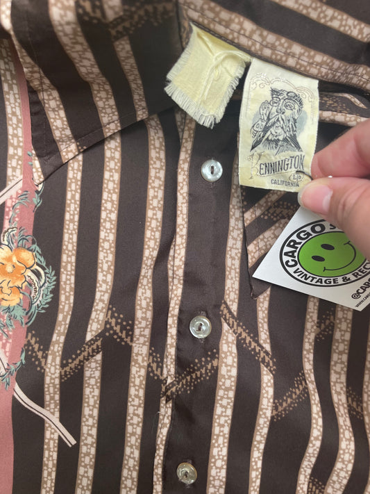 Vintage 60s Brown Kennington California Vertical Striped Disco Button Down Shirt Small