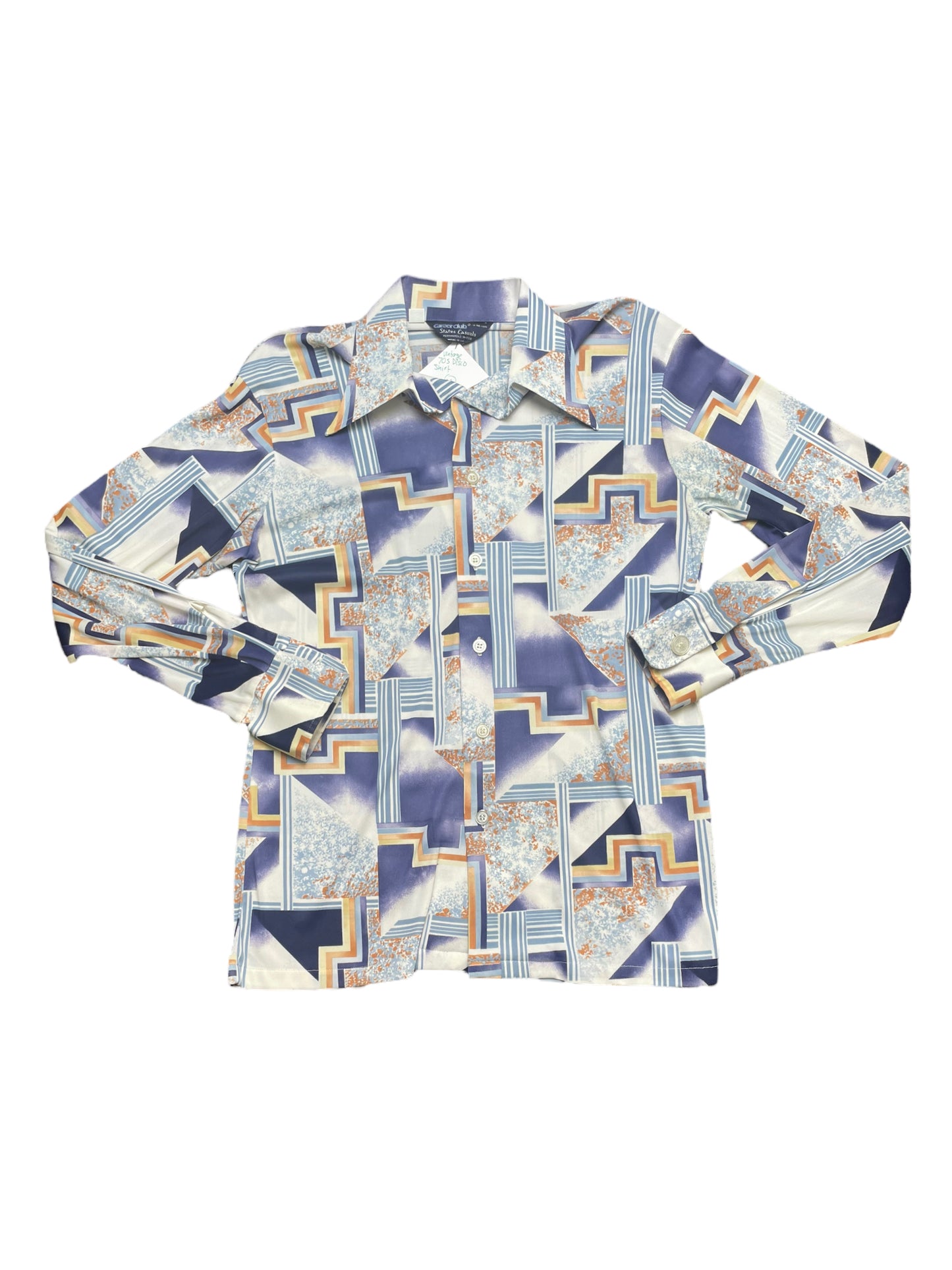 Vintage 70s Career Club Abstract Blue Patterned Disco Button Down Shirt Medium