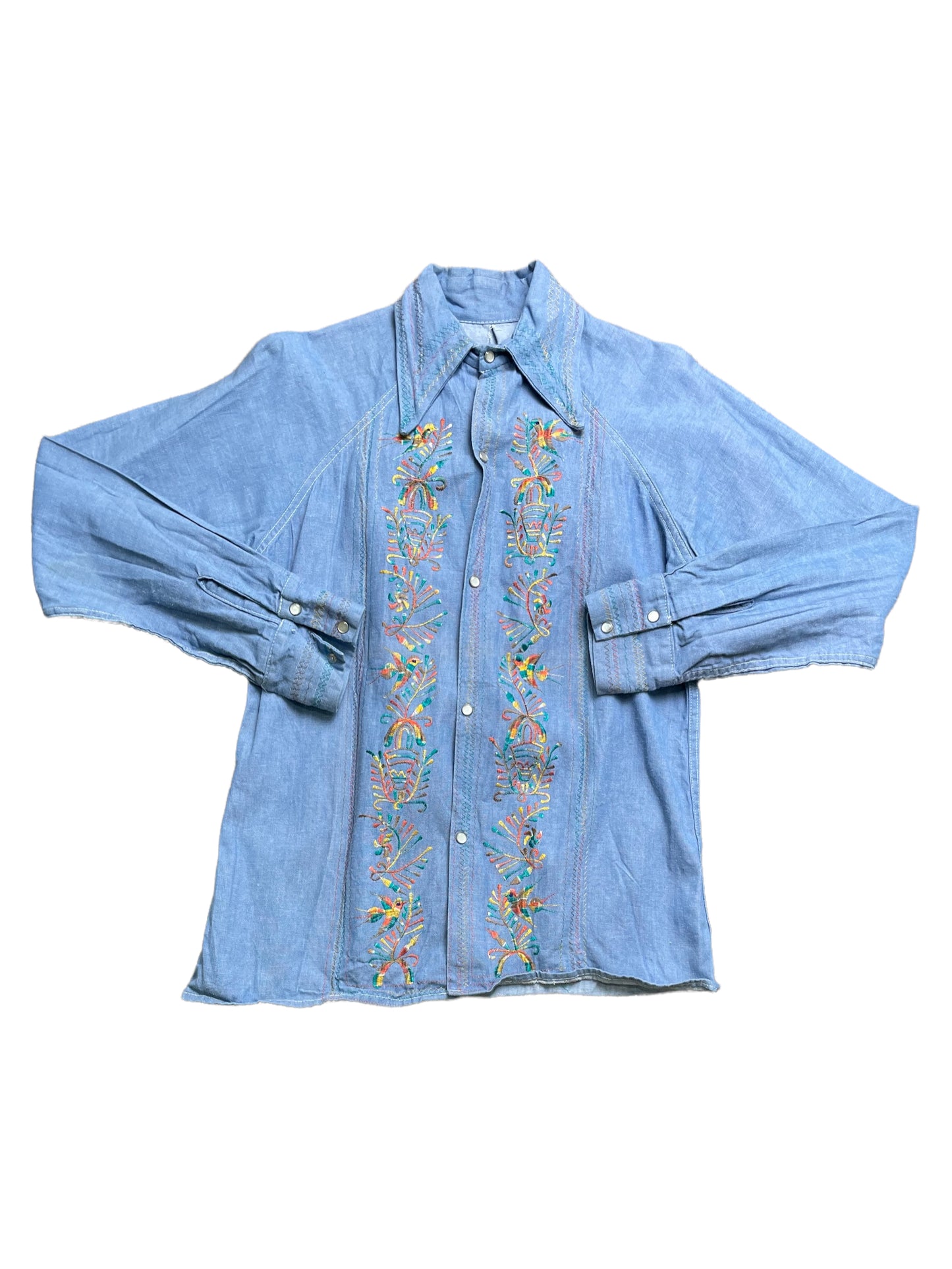 Vintage 70s Embroidered Denim Pearl Snap Western Shirt Small