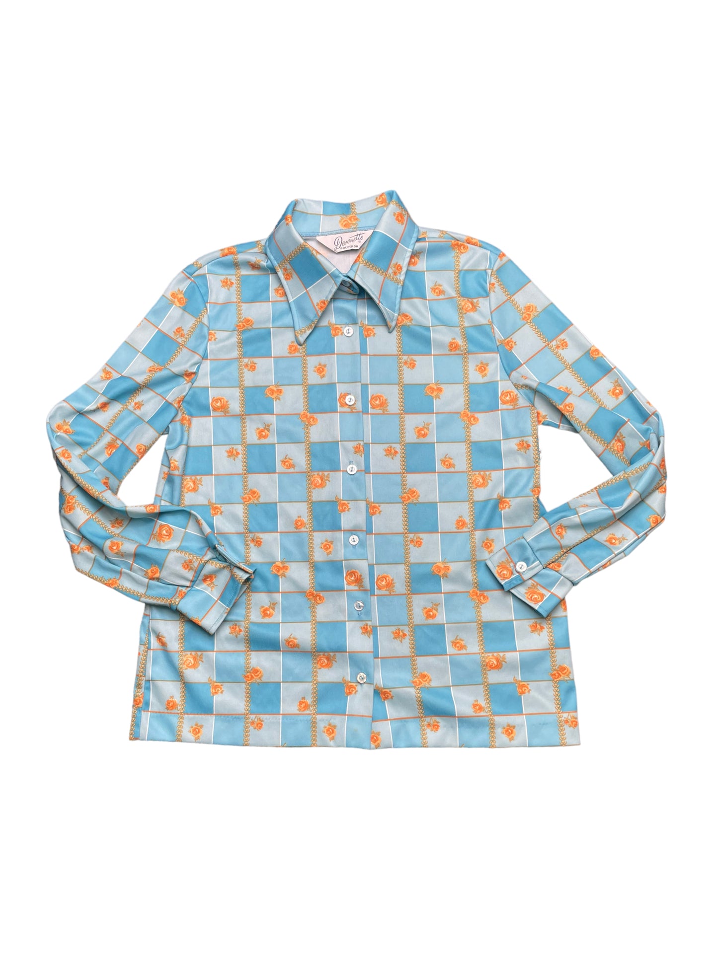 Vintage 70s Devonette Polytron Floral Disco Button Down Shirt Medium