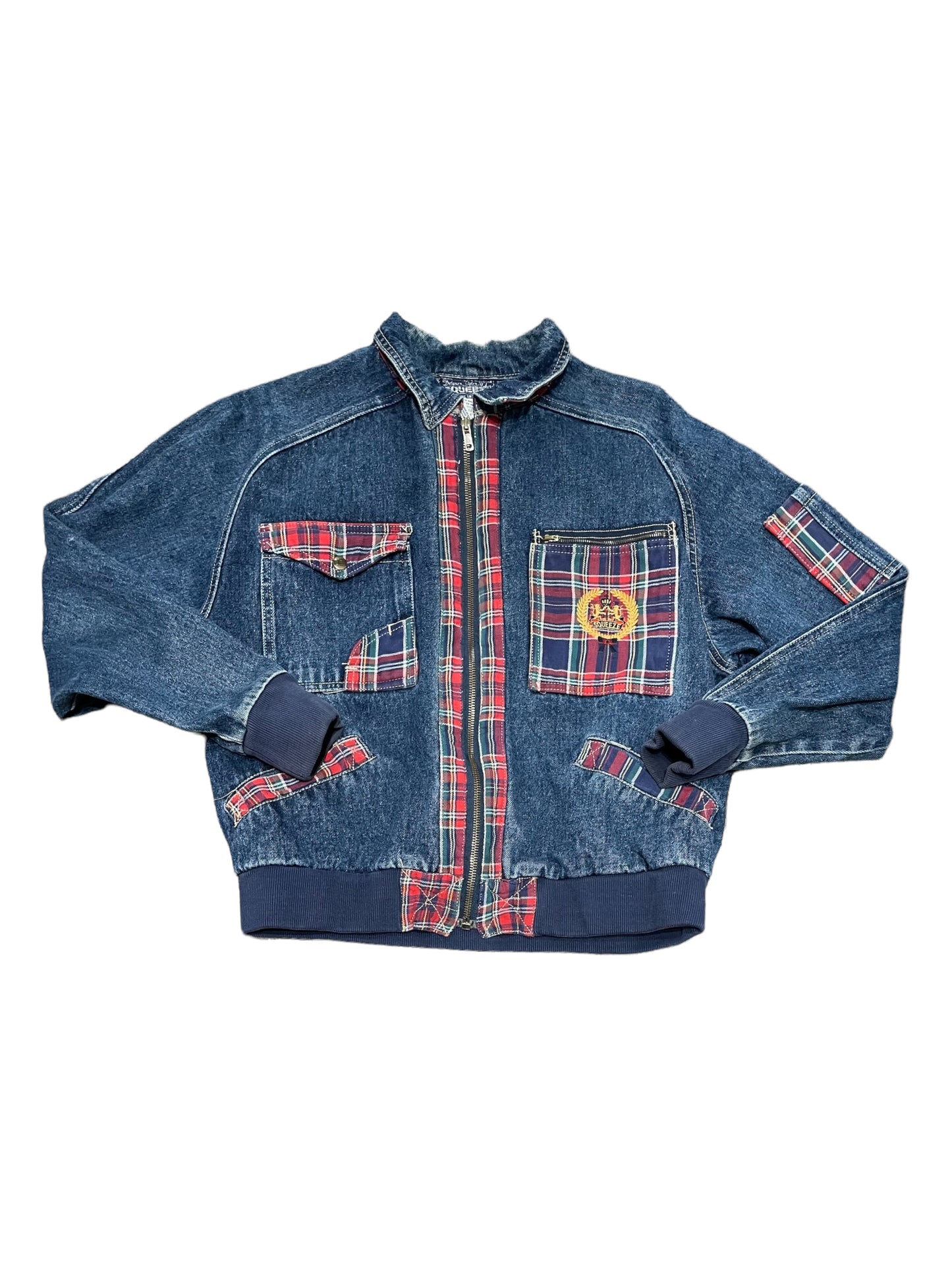 Vintage Y2K Squeeze Plaid Patchwork Zip Up Denim Jacket Small