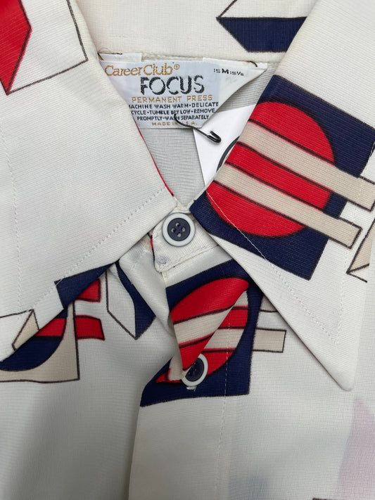 Vintage 70s Career Club Geometric Pattern Disco Button Down Shirt Medium