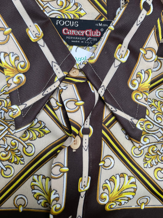 Vintage 70s Career Club Tan Disco Button Down Shirt Medium