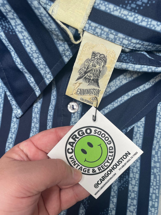 Vintage 60s Blue Kennington California Vertical Striped Disco Button Down Shirt Small