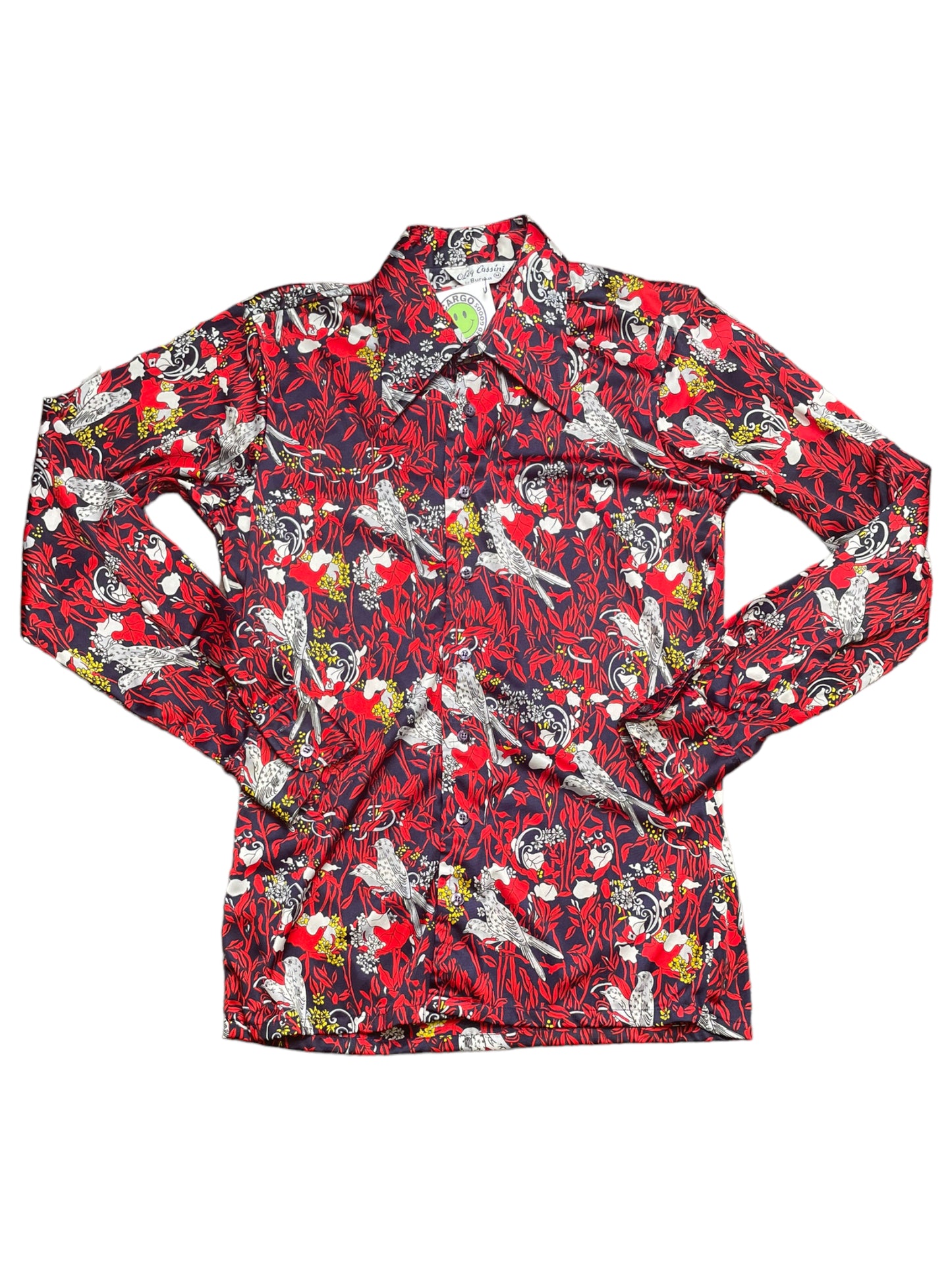 Vintage 70s Oleg Cassini Red Birds Disco Button Down Shirt Medium