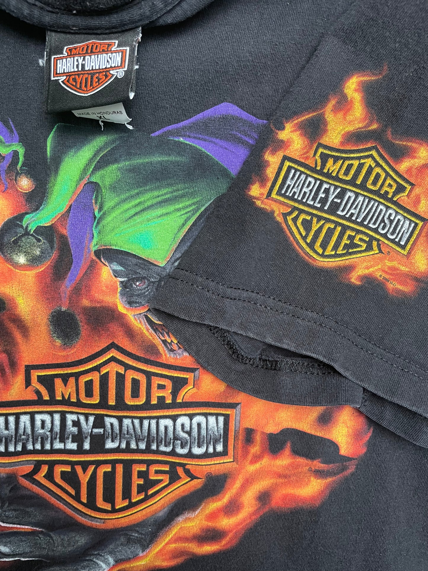 Vintage Y2K Harley Davidson Flaming Clowns Salina, Kansas Joker Motorcycle T Shirt XLarge