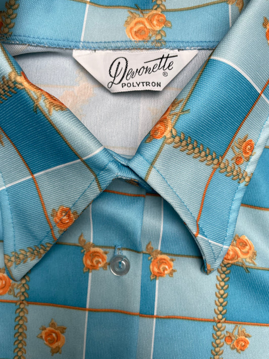 Vintage 70s Devonette Polytron Floral Disco Button Down Shirt Medium