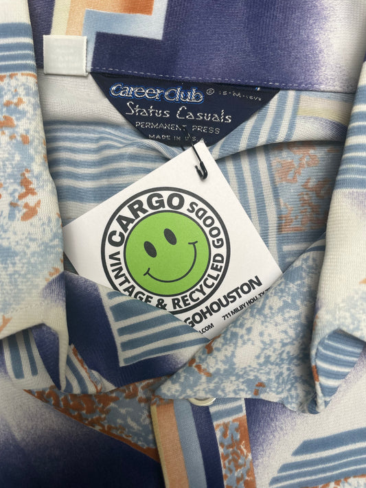 Vintage 70s Career Club Abstract Blue Patterned Disco Button Down Shirt Medium