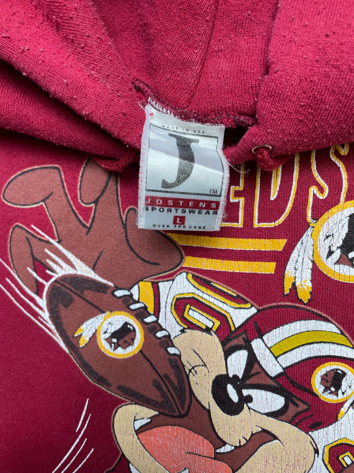 Vintage 1992 Washington Redskins Looney Tunes Tasmanian Devil Taz Graphic Hooded Sweatshirt Large