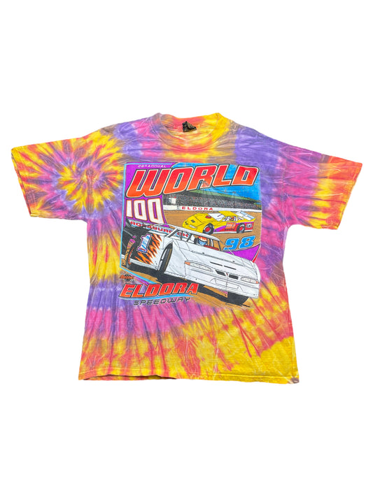 Vintage 1998 World 100 Eldora Speedway Racecar Tie Dye TShirt XLarge