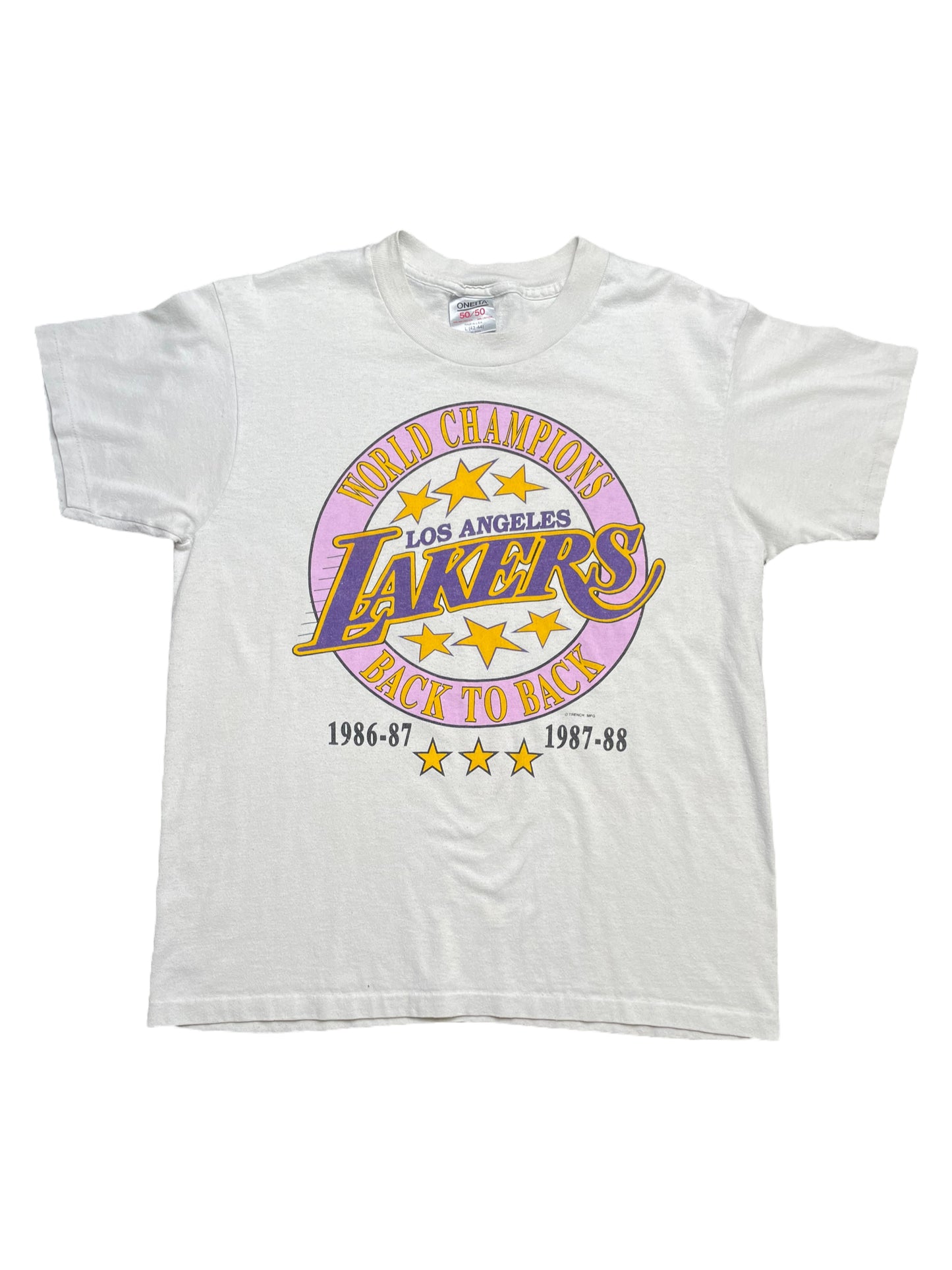 Vintage 1988 Los Angeles Lakers Back to Back World Champions NBA TShirt Large