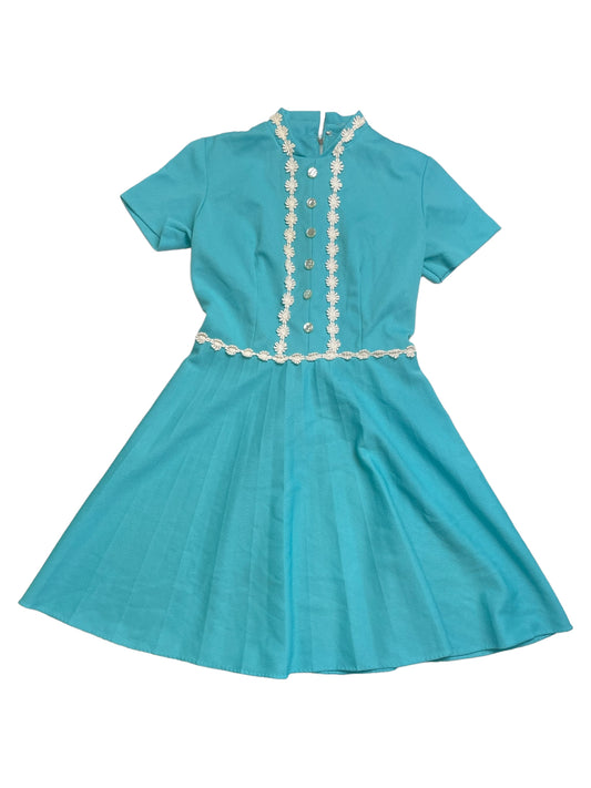 Vintage 60s Baby Blue Mini Dress with White flowers and Button Detailing