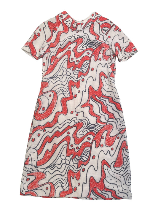 Vintage 60s Jean Lang Original Red And White Swirly Print Collared Mod Mini Dress