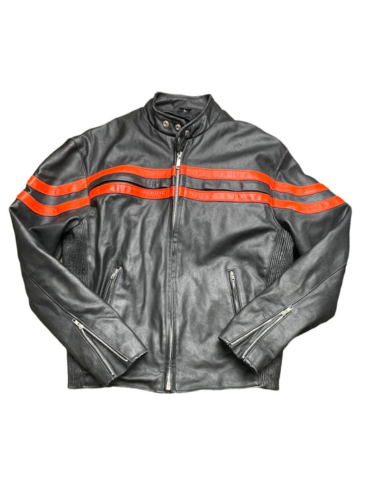 Vintage Black And Orange Biker Style Leather Jacket Large