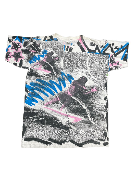 Vintage 80s Surfer All Over Print T Shirt XLarge