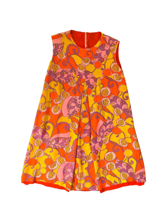 Vintage 60s Mod Mini Orange Yellow and Purple Paisley Print Dress