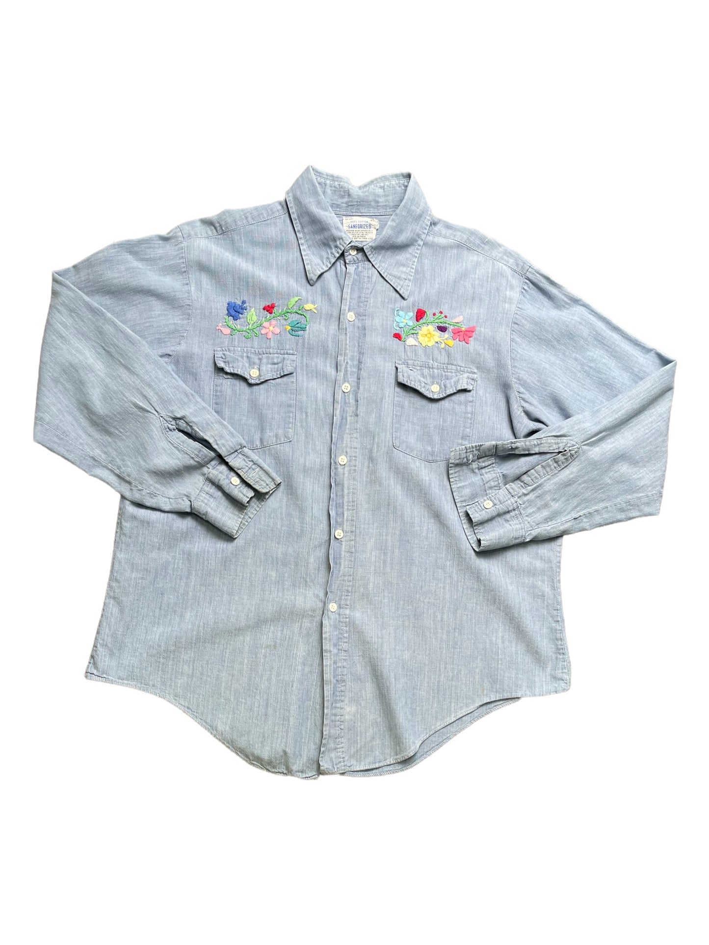 Vintage 60s Chambray Embroidered Selvedge Denim Button Down Shirt XLarge