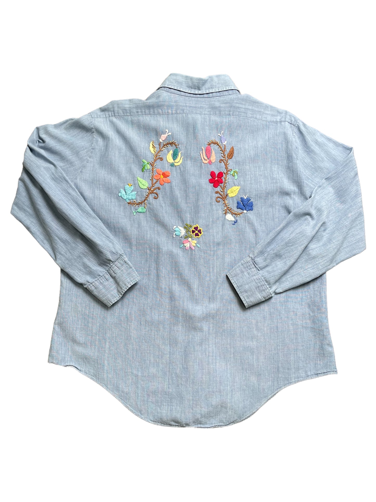 Vintage 60s Chambray Embroidered Selvedge Denim Button Down Shirt XLarge