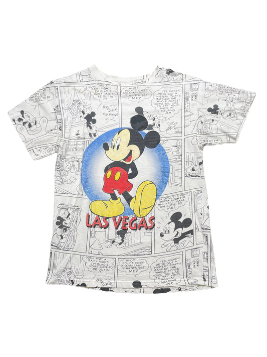 Vintage 80s Disney Mickey Mouse Las Vegas All Over Newsprint Tshirt Medium