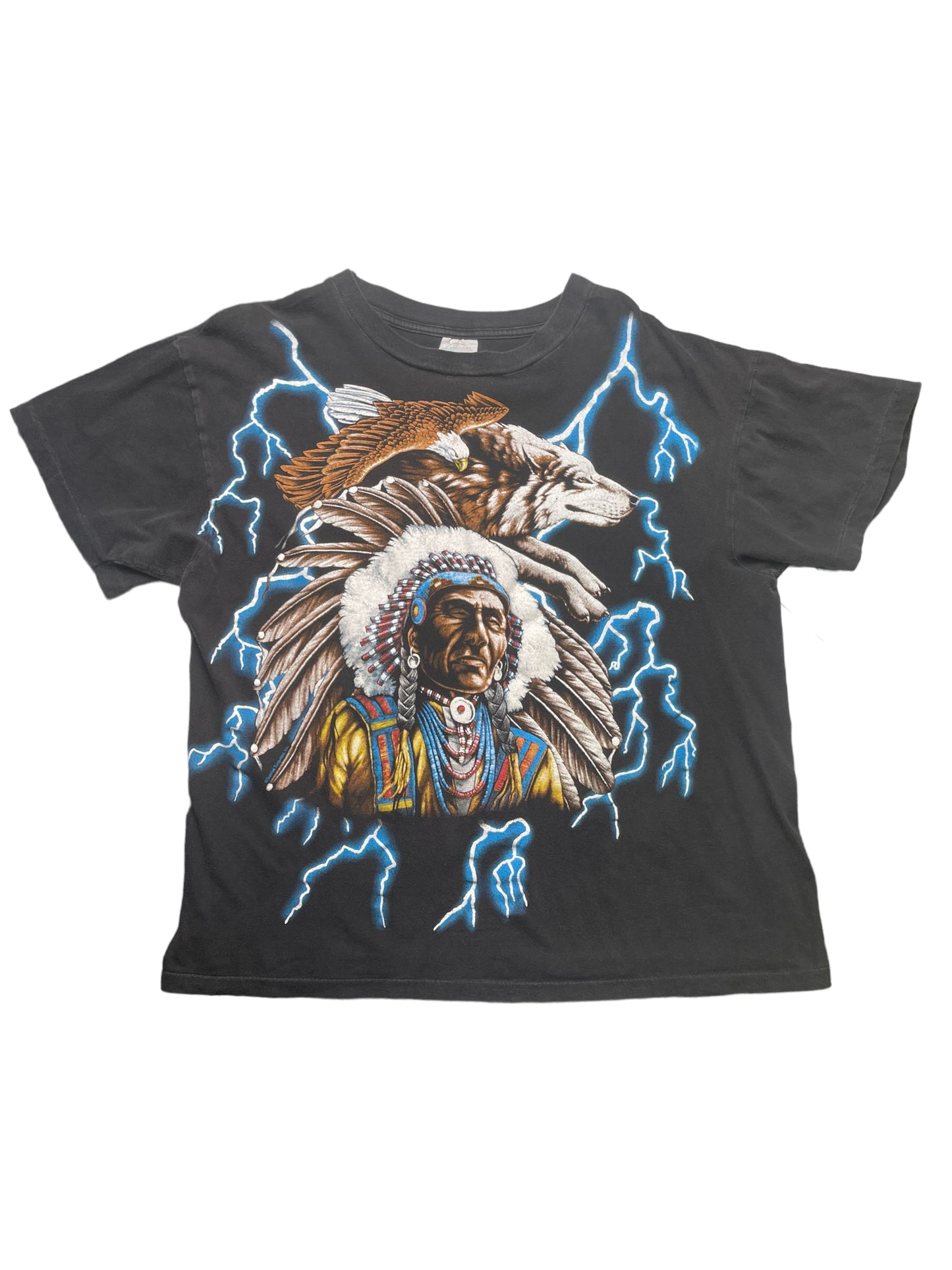 Vintage 90s Single Stitch American Thunder Tribal with Wolf and Eagle All over Graphic Tshirt XLarge