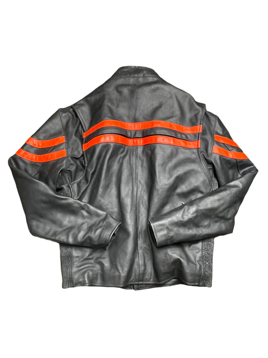 Vintage Black And Orange Biker Style Leather Jacket Large