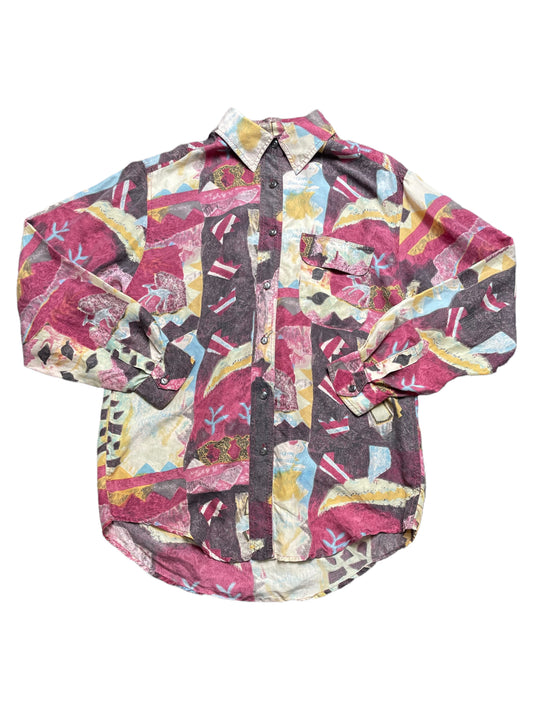 Vintage Y2K Peaches & Smith Abstract Art 100% Silk Disco Button Down Shirt Medium