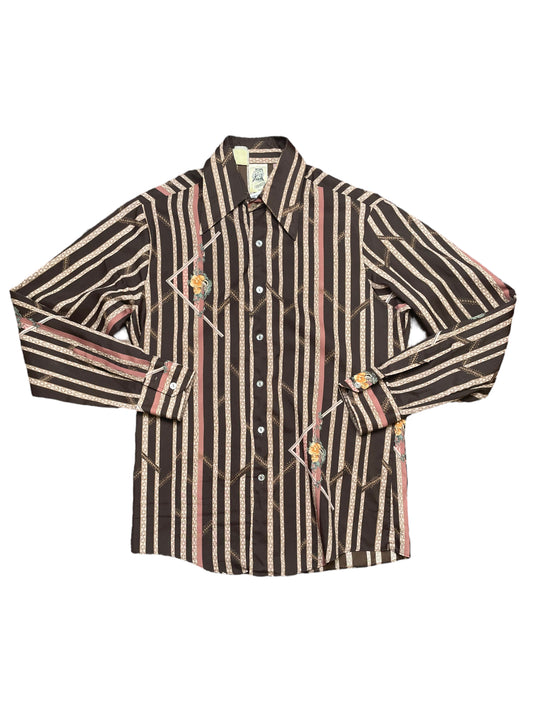 Vintage 60s Brown Kennington California Vertical Striped Disco Button Down Shirt Small