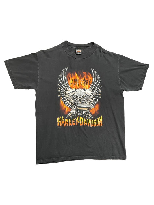 Vintage 2000 “Live Free” Harley Davidson Fort Wayne, Indiana Flames, Wings, and Chrome T Shirt XLarge