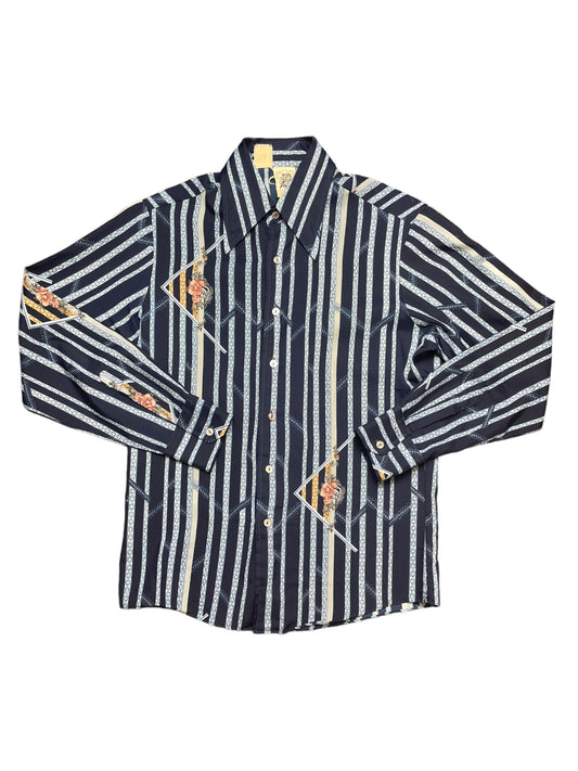 Vintage 60s Blue Kennington California Vertical Striped Disco Button Down Shirt Small