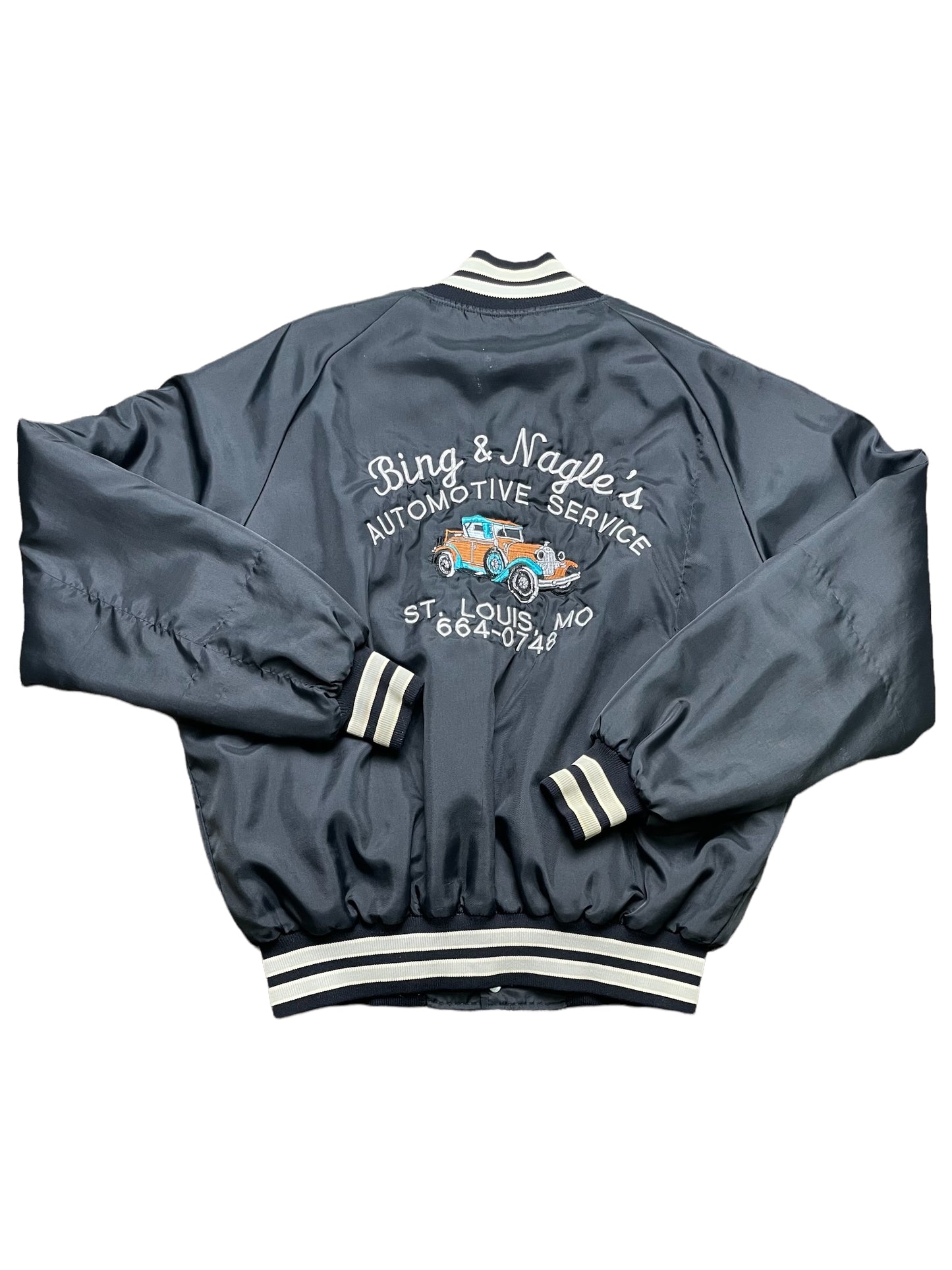 Vintage 80s Bing & Nagle’s Automotive Service St. Louis, MO Black Bomber Jacket Large
